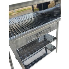 Paslanmaz Kömürlü Mangal 40 x 80  cm Bacalı Barbekü Çekmeceli Tekerlekli