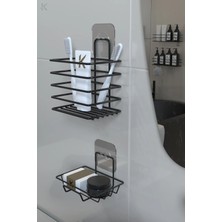 Siyah Paslanmaz Metal Banyo Duvar Organizeri - Yapışkanlı Diş Fırçalık ve Sabunluk Seti