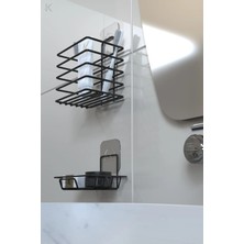 Siyah Paslanmaz Metal Banyo Duvar Organizeri - Yapışkanlı Diş Fırçalık ve Sabunluk Seti