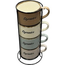 Standlı 4'lü Espresso Yazılı Renkli Kupa Seti
