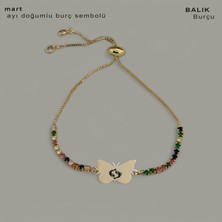 Archin Kelebek Figürlü 14 Ayar Altın Plakalı Burç Semboller Desenli Renkli Taşlı Bileklik