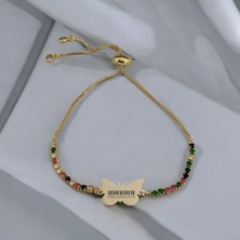 Archin Kelebek Figürlü 14 Ayar Altın Plakalı Özel Semboller Desenli Renkli Taşlı Bileklik