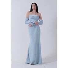 Feminist Bebe Mavi Drapeli Düğme Detaylı Uzun Abiye 9705361.449