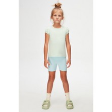 Soft Yeşil Basic Kız Çocuk Sıfır Yaka Karpuz Kol Tişört