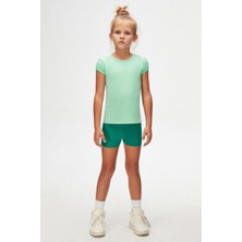 Pastel Yeşil Basic Kız Çocuk Sıfır Yaka Karpuz Kol Tişört