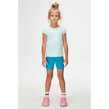 Uçuk Turkuaz Basic Kız Çocuk Sıfır Yaka Karpuz Kol Tişört