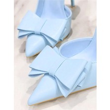Trendy Anka Kadın Açık Mavi Tokalı Cilt 8cm Yanı Yırtmaçlı Ince Şeffaf Kapak Stiletto Klasik Topuklu Ayakkabı