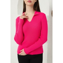 Vegenze Kadın Fuşya Polo V Yaka Triko Kazak