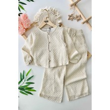 Miniğimin Cicileri Altın Yaldızlı Örgü Desenli Kız Çocuk Pamuk Astarlı kız çocuk takım - Krem