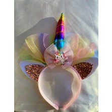 Unicornlu Simli Kulaklı Renkli Gökkuşağı Tüllü Kız Çocuk Taç
