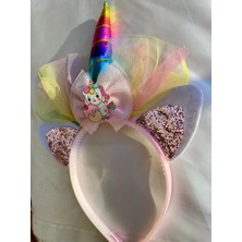 Unicornlu Simli Kulaklı Renkli Gökkuşağı Tüllü Kız Çocuk Taç