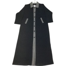 Kadın Çelik Örgü Yaka,cep ve Önü Kazayağı Desenli Uzun Triko Hırka