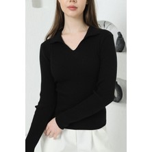 Vegenze Kadın Siyah Polo V Yaka Triko Kazak