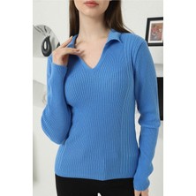 Vegenze Kadın Mavi Polo V Yaka Triko Kazak