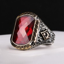 Ay Yıldız Motifli Kırmızı Faset Taşlı Erkek Gümüş Yüzük