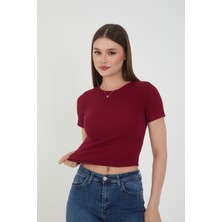 Wearflawless Kadın 2'li Kısa Kollu Fitilli Bisiklet Yaka Pamuklu Örme Kaşkorse Crop T-Shirt Bluz