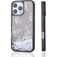 Roketcim Apple iPhone 15 Pro Max Kılıf Sıvılı Simli Kelebek Baskılı Şeffaf Arka Yüzey Glis Silikon Kapak