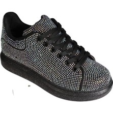 Yazkış Kadın Siyah Cilt Her Yanı Taşlı Tabanı Simli Fashıon Günlük Spor Ayakkabı