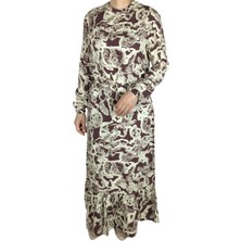 Ece Giyim Kadın Beli Kuşaklı Kolağzı Lastikli Desenli Uzun Elbise