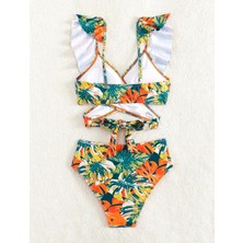 Tropikal Desenli Fırfırlı Kadın Bikini Takımı