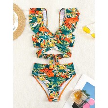 Tropikal Desenli Fırfırlı Kadın Bikini Takımı