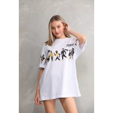 Adisia Bisiklet Yaka Baskılı Oversize T-Shirt - Beyaz