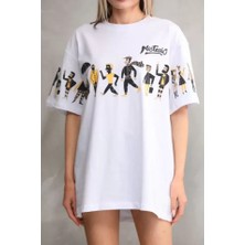 Adisia Bisiklet Yaka Baskılı Oversize T-Shirt - Beyaz