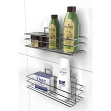 3'lü Set Yapışkanlı 4 Kancalı Paslanmaz Banyo Rafı Gümüş Banyo Şampuanlık Duşakabin Duş Askısı