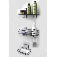 3'lü Banyo Seti Yapışkanlı Paslanmaz Banyo Sabunluk Duşakabin Rafı Şampuanlık Banyo Düzenleyici Set