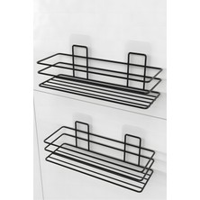 Yapışkanlı Banyo Rafı Mat Siyah Banyo Şampuanlık Duşakabin Duş Askısı 2 Li Set
