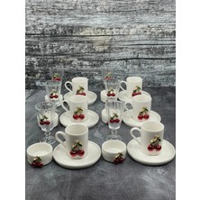Yzhome  24 Parça 6 Kişilik Cam Kirazlı Kiraz Fincan Takımı Seti Lokumluk Kahve Yanı Bardak