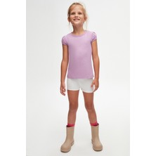 Lila Basic Kız Çocuk Sıfır Yaka Karpuz Kol Tişört