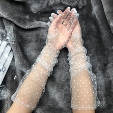 Melfxxl Uzun Boy Beyaz Puantiyeli Beyaz Renk Yetişkin Tül Eldiven 55 cm