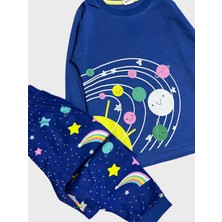 Elmas Kids Kız Çocuk  Pamuklu Lacivert Gezegen Yıldız Desenli Uzun Kollu Pijama Takımı