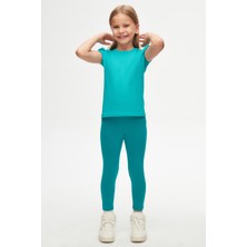 Açık Petrol Basic Kız Çocuk Sıfır Yaka Karpuz Kol Tişört