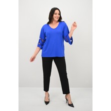 Koza Butik Kadın Büyük Beden Yarasa Kol Tül Detaylı Bluz 1901-25