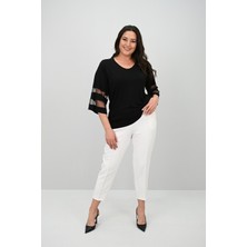 Koza Butik Kadın Büyük Beden Yarasa Kol Tül Detaylı Bluz 1901-25