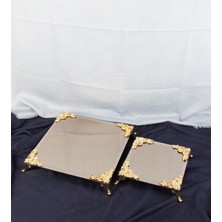 Metal Ayaklı Bronz Aynalı Sunum Tepsisi Gold 2li 2 Boy Tepsi Sunumluk Aksesuar