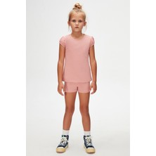 Koyu Pudra Basic Kız Çocuk Sıfır Yaka Karpuz Kol Tişört