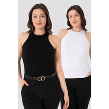Kadın Pamuklu Fitilli Görünümlü Halter Yaka Basic Siyah - Beyaz Atlet 2'li Paket