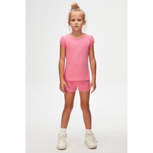 Şeker pembe Basic Kız Çocuk Sıfır Yaka Karpuz Kol Tişört