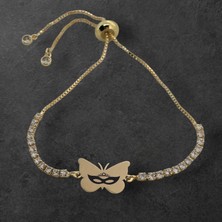 Archin Kelebek Figürlü 14 Ayar Altın Plakalı Beyaz Taşlı Özel Semboller Bilekliği