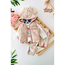 Miniğimin Cicileri Kalp Baskılı Şeritli Şişme Yelekli 3 Lü kız bebe takım - Vizon