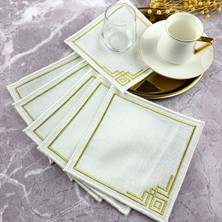 Beyaz Renkli Simli Gold Çift Çizgi 6'lı Set Nakışlı Kokteyl Peçetesi