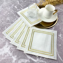 Beyaz Renkli Simli Gold Çift Çizgi 6'lı Set Nakışlı Kokteyl Peçetesi