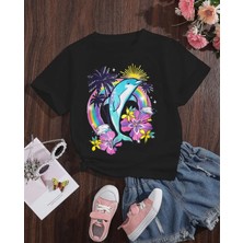 Kıds Face Özel Tasarım Sevimli Yunus Balığı Baskılı Şık Kız Çocuk Summer T-Shırt