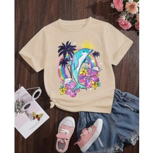 Kıds Face  Özel Tasarım Sevimli Yunus Balığı Baskılı Şık Kız Çocuk Summer T-Shırt