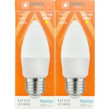 Osaka (2 Adet) 7W (50W) 3000K (Sarı) E27 Duylu (Kalın Duy) Mum LED Ampul