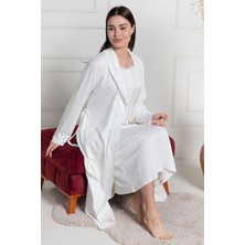 Mecit Pijama Mecit 6156 Ekru Kadın Büyük Beden Sabahlıklı Gecelik Takım