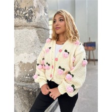 ThreadArtByNur El Örgüsü Pembe Güllü Kadın Hırka